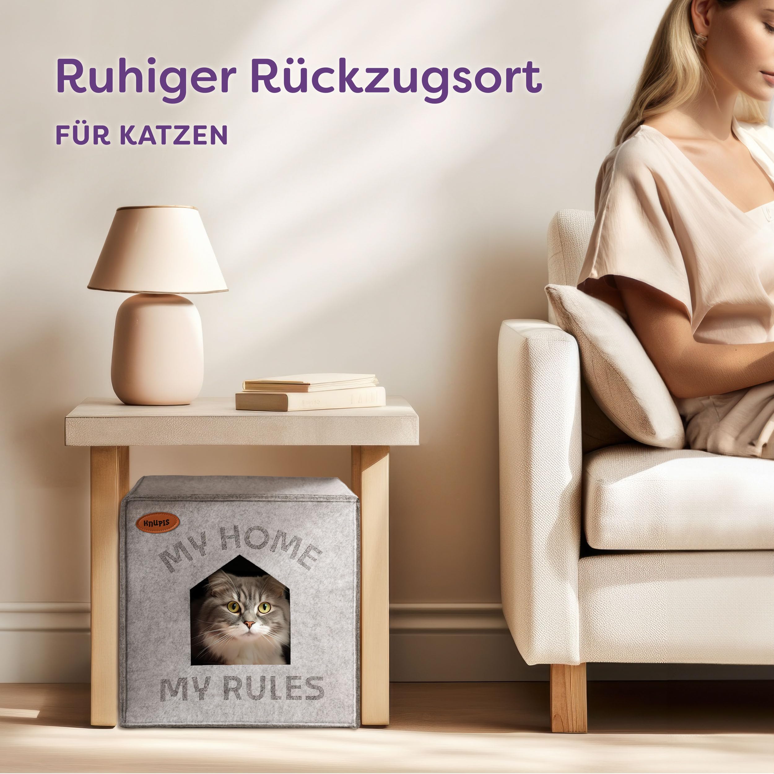 Knupis Katzenhöhle aus Filz - Passend für Kallax Regal - Mit Kissen - Anti-Rutsch Boden - Umweltfreundlichem Filz - Kuschelhöhle für Katzen - Hellgrau