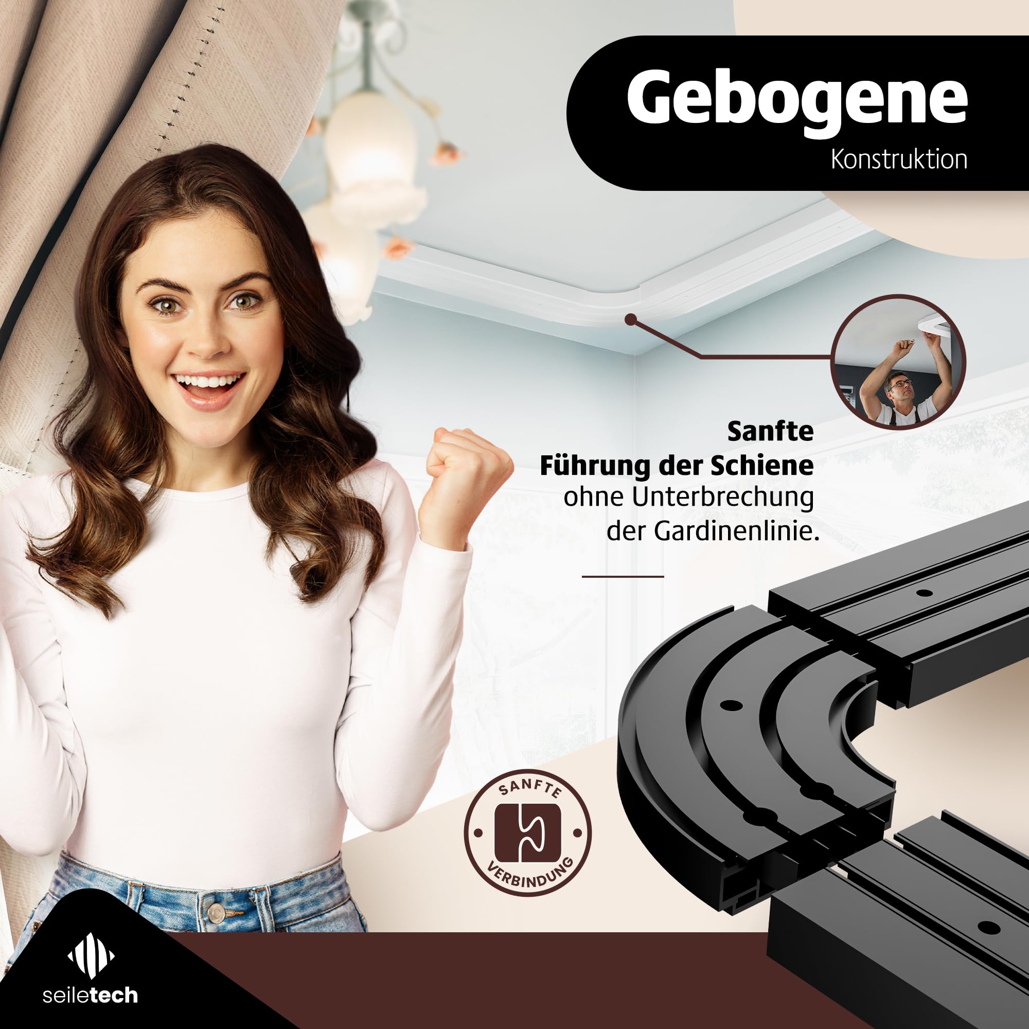 Set di binari per tende e archi rotondi, 330 cm, PVC, 1 binario, colore nero, con materiale di fissaggio, 3,3 m (150 cm + 2 x 90 cm + 2 connettori)