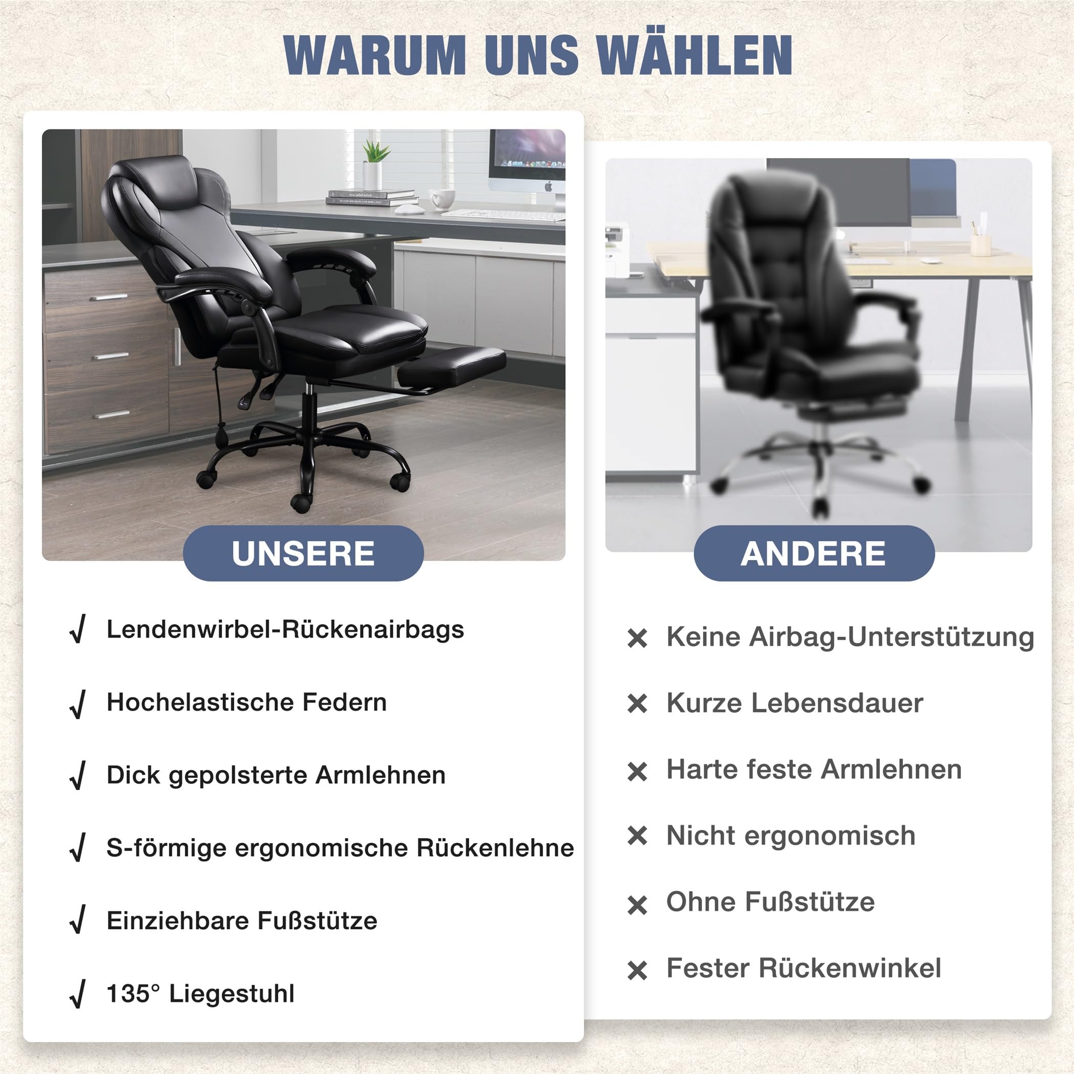 Bosmiller Ergonomischer Bürostuhl 180KG Verstellbare Schreibtischstuhl mit Hoher Rückenlehne und Breite Sitzfläche Hochklappbarer Armlehne Office Chair für Büro Computer Chefsessel