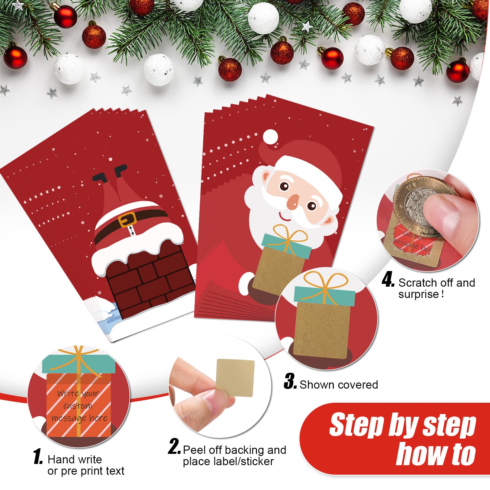 100 Cartes à Gratter De Noël - Jeu De Fête Pour Tirages Au Sort, Tombola - Motifs Sapin, Père Noël - 10
