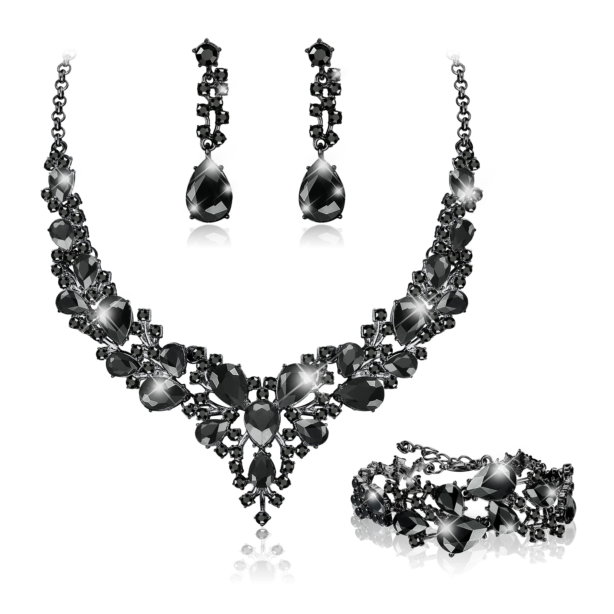 JeweBella Conjuntos de Joyas para Mujer Cristal Novia Collar Vintage Boda Pendientes Colgantes y Pulsera Compromiso Boda Novia Dama Honor de Regalo Dirndl Joyería