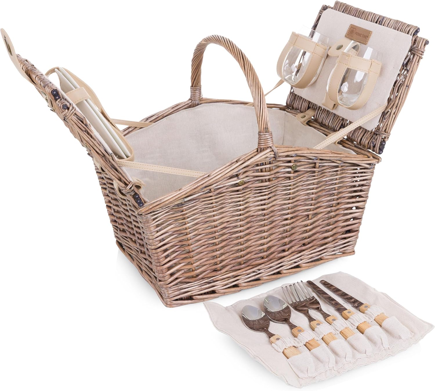 Picnic TIME Piccadilly Picnic Basket for 2, Romantic Vintage English-Style Wooden Basket, Complete Deluxe Service for Two with Fully-Lined Interior and Double-lid Design, (Natural Canvas)