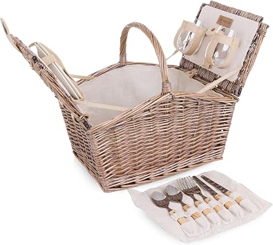 Picnic TIME Piccadilly Picnic Basket for 2, Romantic Vintage English-Style Wooden Basket, Complete Deluxe Service for Two with Fully-Lined Interior and Double-lid Design, Natural Canvas