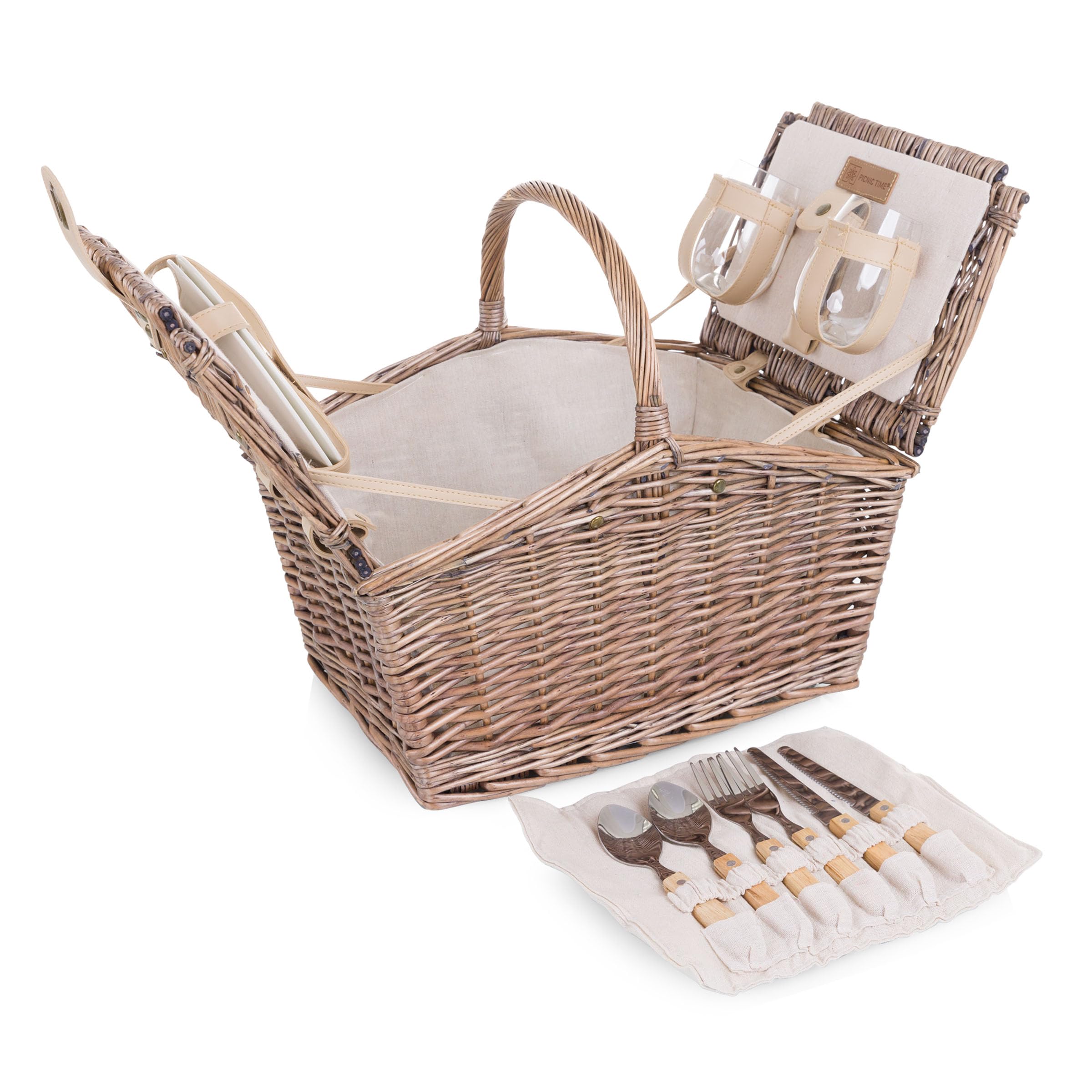 Photo 1 of Picnic TIME Piccadilly Picnic Basket for 2, Romantic Vintage English-Style Wooden Basket, Complete Deluxe Service for Two with Fully-Lined Interior and Double-lid Design, (Natural Canvas)