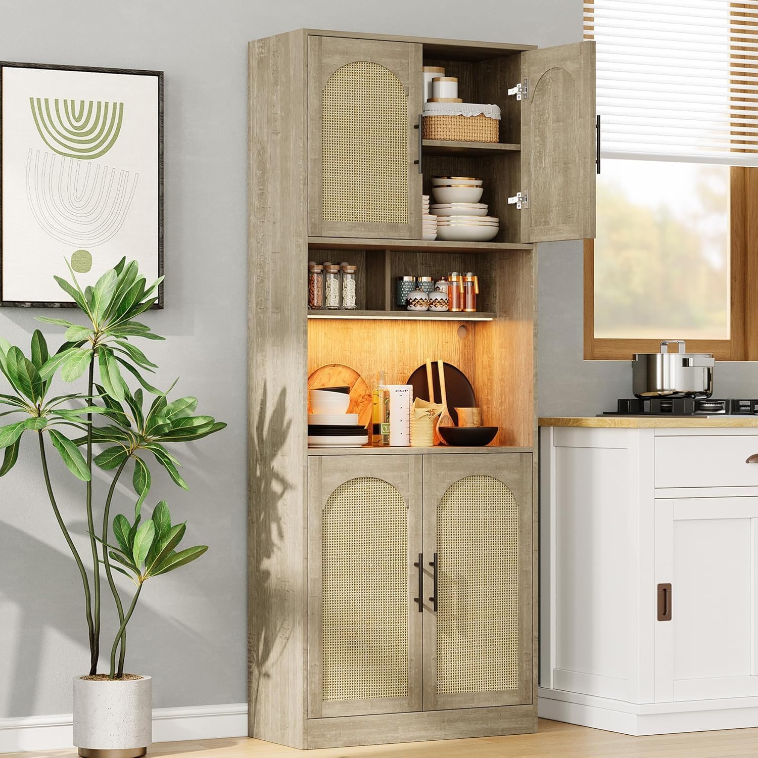 GarveeHome 71" Tall Pantry Cabinet with Countertop, Kitchen Cabinets with LED Light Strip & Microwave Shelf, Kitchen Hutch Storage Cabinet with Adjustable Shelves for Dining Room, Oak
