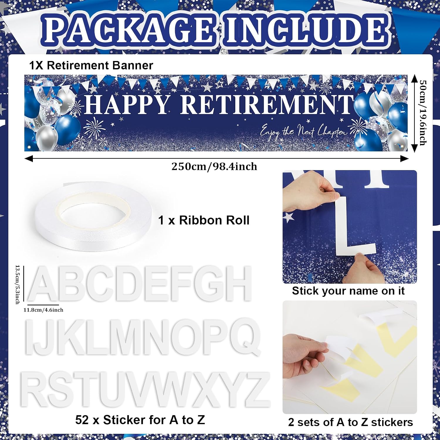Happy Retirement Banner, Personalized Retire Banner With Letter Stickers for Custom Name, Happy Retirement Party Decorations for Men and Women, Size 20’’ X 99’’ (Blue)
