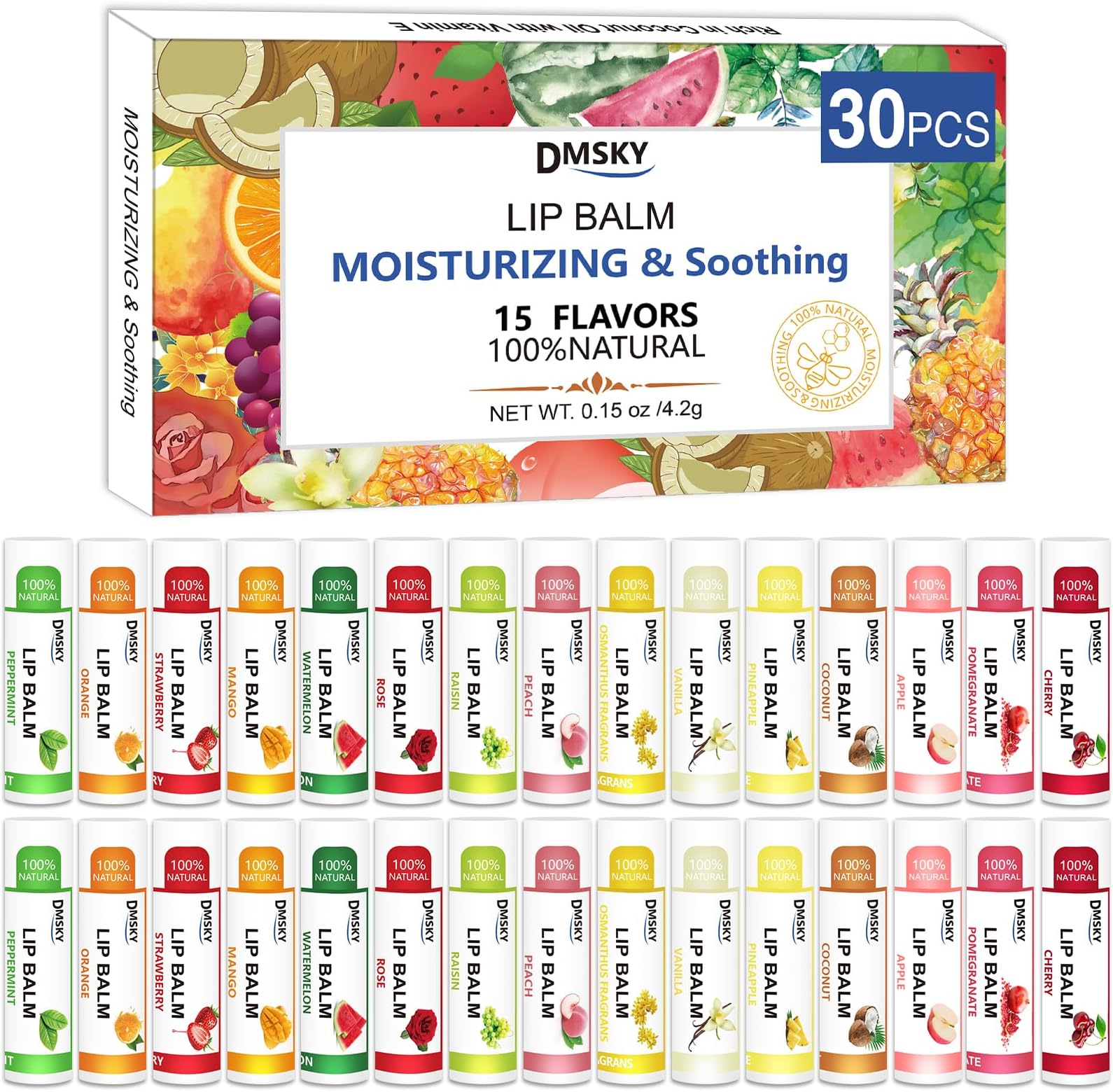 Dmsky DMSKY 30 Pack Lip Balm, Natural Lip Balm Bulk with Vitamin E and Coconut Oil 15 Flavors, Lip Care Product, Moisturizing Soothing Chapped Lips