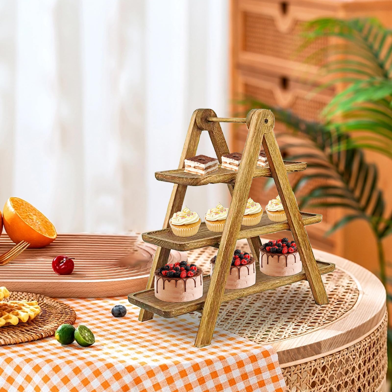 3-stöckiges Serviertablett Aus Holz – Zusammenklappbar, Mit Abnehmbaren Tabletts – Für Desserts, Snacks & Deko