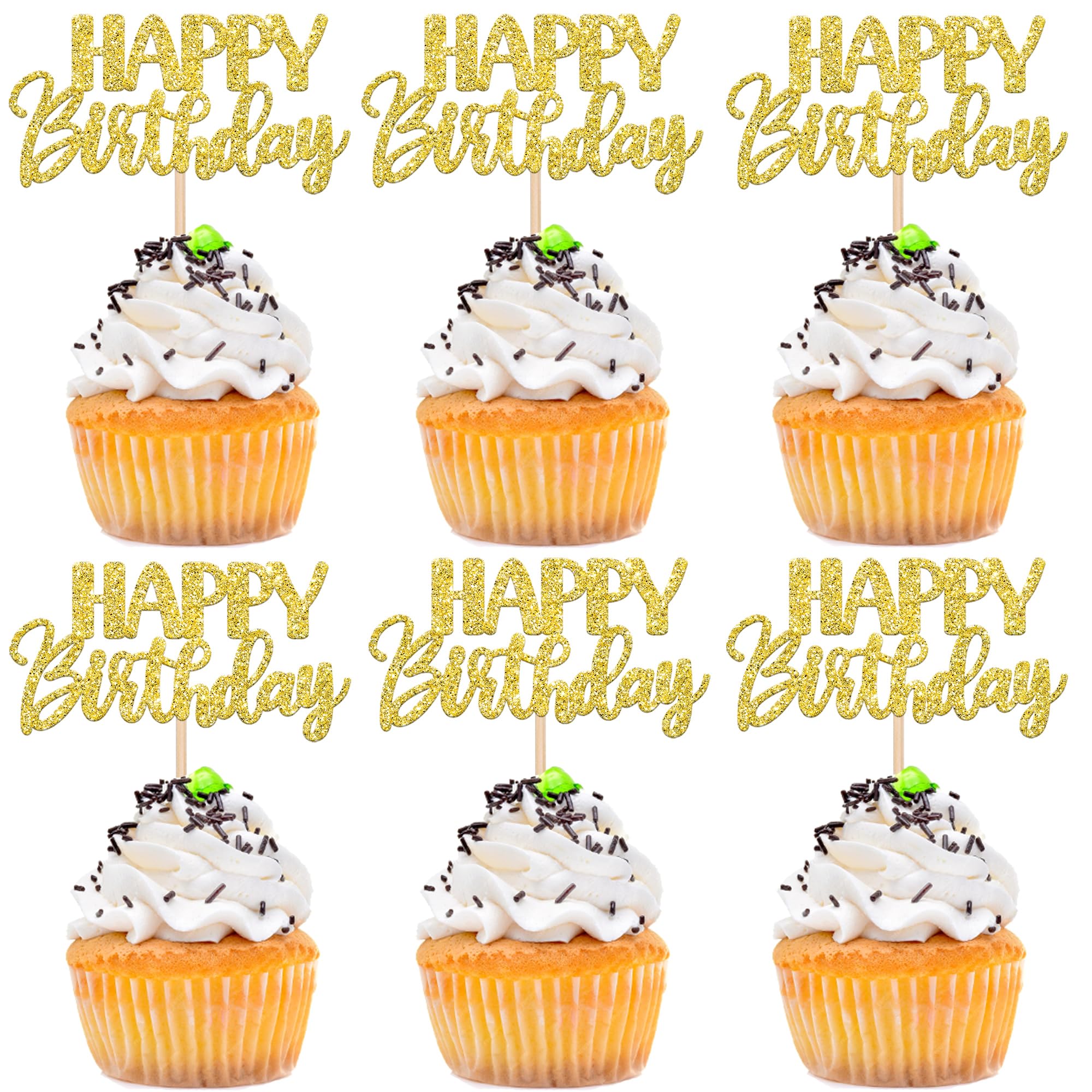 30 PCS Happy Birthday Cupcake Toppers Glitter Happy Birthday Cupcake Picks for Celebrating Anniversary Theme Party Cake Decorations Supplies Gold