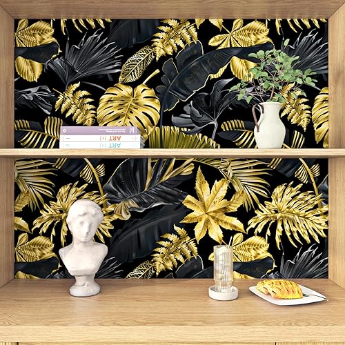 Miniatura 6 de FunStick Papel tapiz de hojas de palmera tropicales de 17.5 x 354 pulgadas, papel tapiz autoadhesivo con hojas negras y doradas, papel de contacto