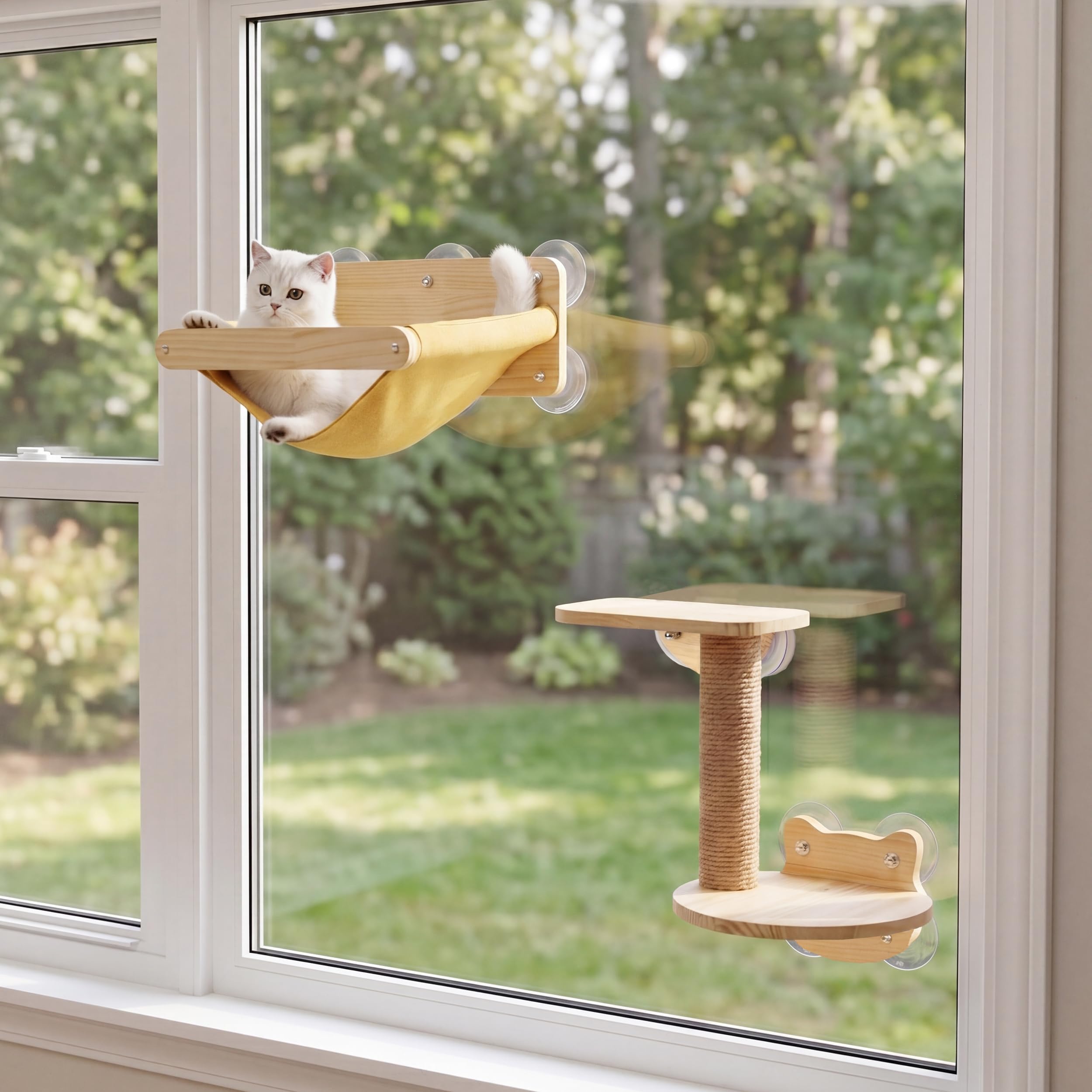 Cat Window Hammock Bed 4pcs/Set Cat Window Perch for Indoor Cats Seat with Two Shelves and One Scratching Post Sunction Cup Mounted