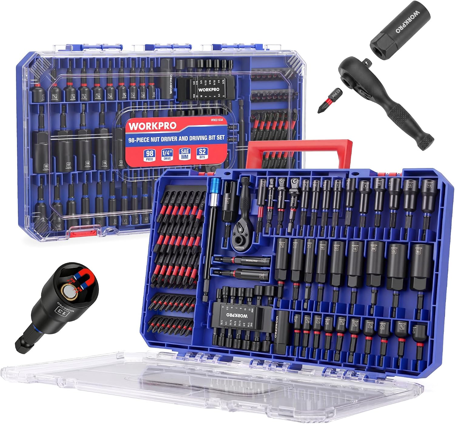 WORKPRO 98-Piece Magnetic Nut Driver Set, Impact Driver Bits, Metric & SAE Cr-V Nut Drivers with Bit Holder, Universal Socket, Socket Adapter, Wing Nut Driver, Ratchet Handle, Quick-Release Extension