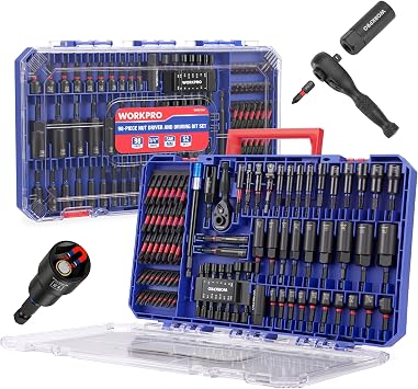 WORKPRO 98-Piece Magnetic Nut Driver Set, Impact Driver Bits, Metric & SAE Cr-V Nut Drivers with Bit Holder, Universal Socket, Socket Adapter, Wing Nut Driver, Ratchet Handle, Quick-Release Extension