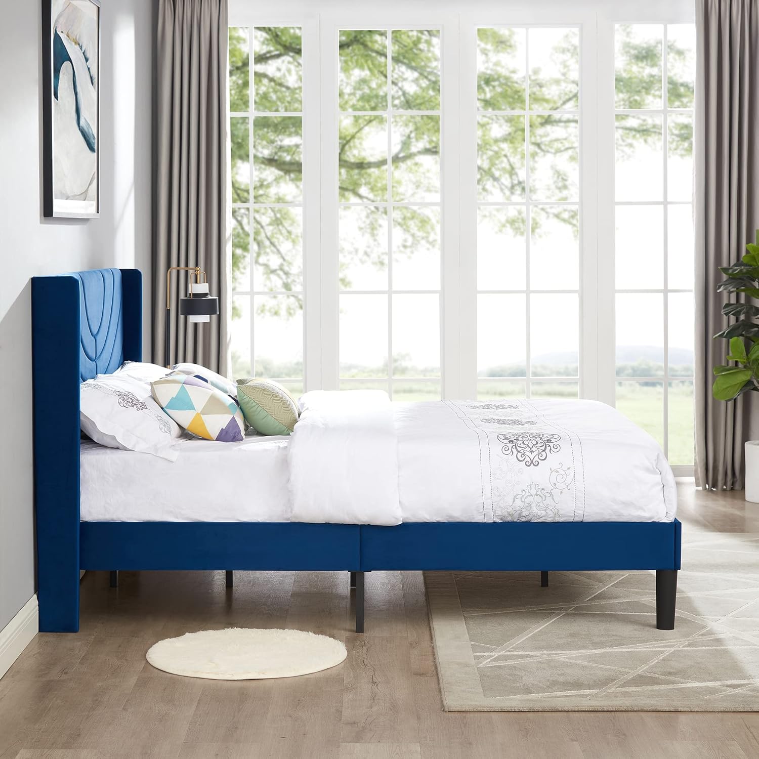 VECELO Full Size Upholstered Platform Bed Frame with Wave Fabric Headboard,Wooden Slats Support/No Box Spring Needed/Mattress Foundation,Dark Blue