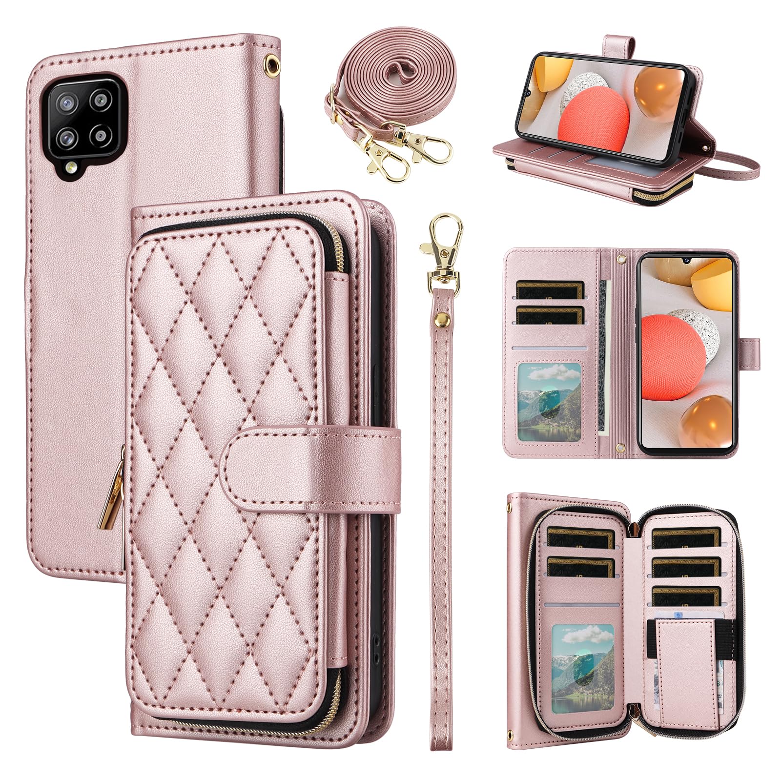 Furiet Argyle Wallet Case for Samsung Galaxy A42 5G with Wrist Strap Shoulder Strap 9+ Card Slot Zipper Purse Luxury PU Leather Stand Checkered Cell