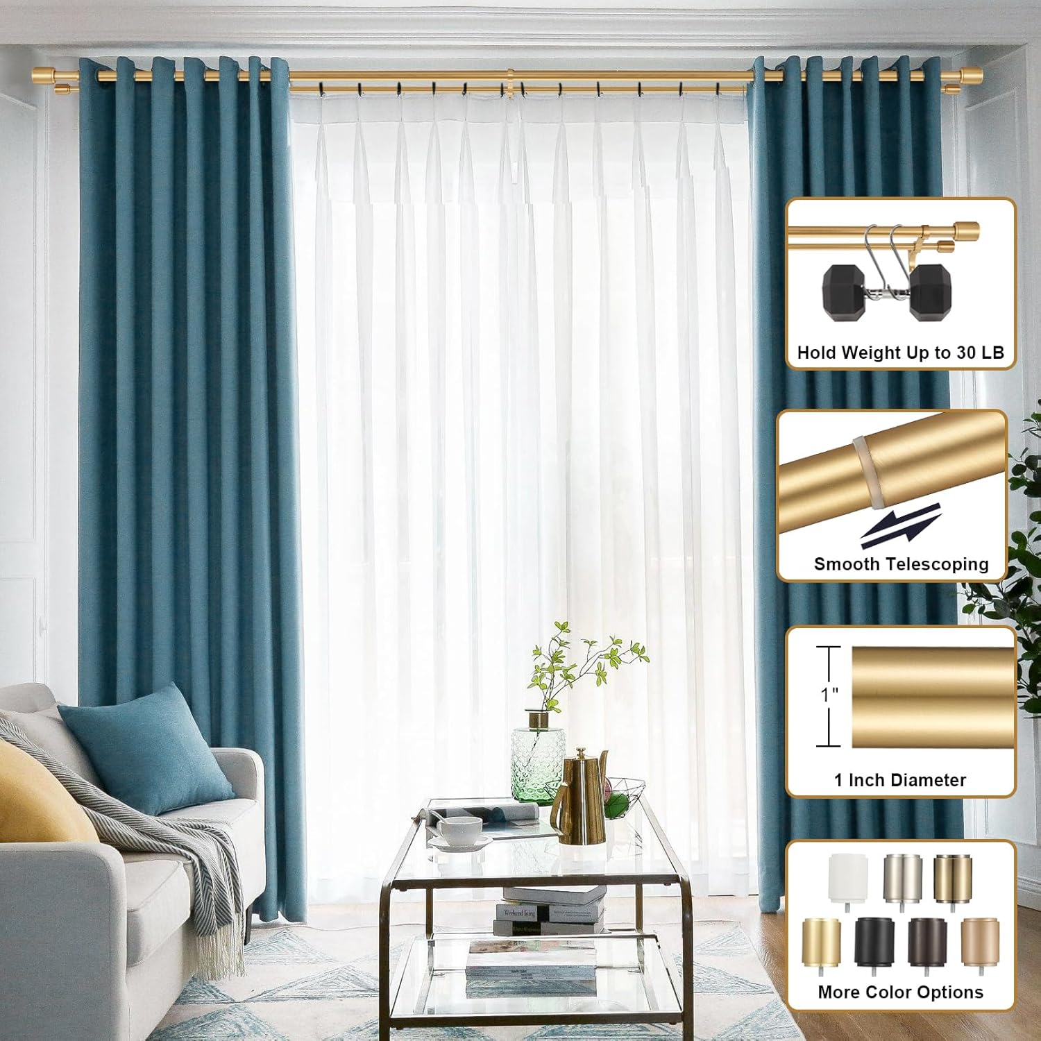Double Curtain Rods 120-210" with Cap Finials, Heavy Duty 1 Inch Front and 5/8 Inch Back Double Drapery Rod, Adjustable Dual Curtain Rod for Window, Brushed Nickel