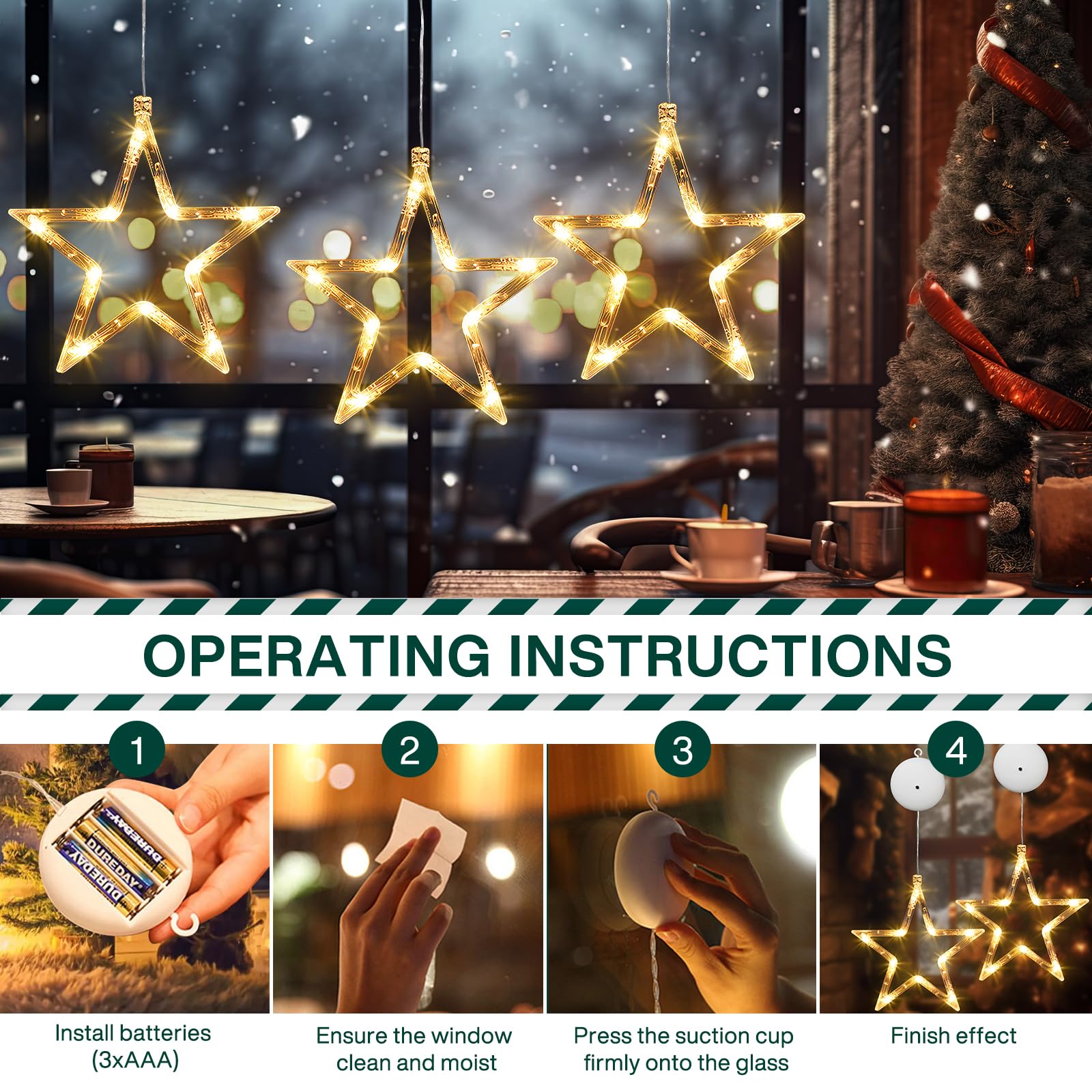 Set Di 3 Luci Natalizie A Ventosa A LED – Motivi Babbo Natale, Pacco Regalo E Fiocco Di Neve, Con 3 Modalità Di Luce, Per Interni Ed Esterni