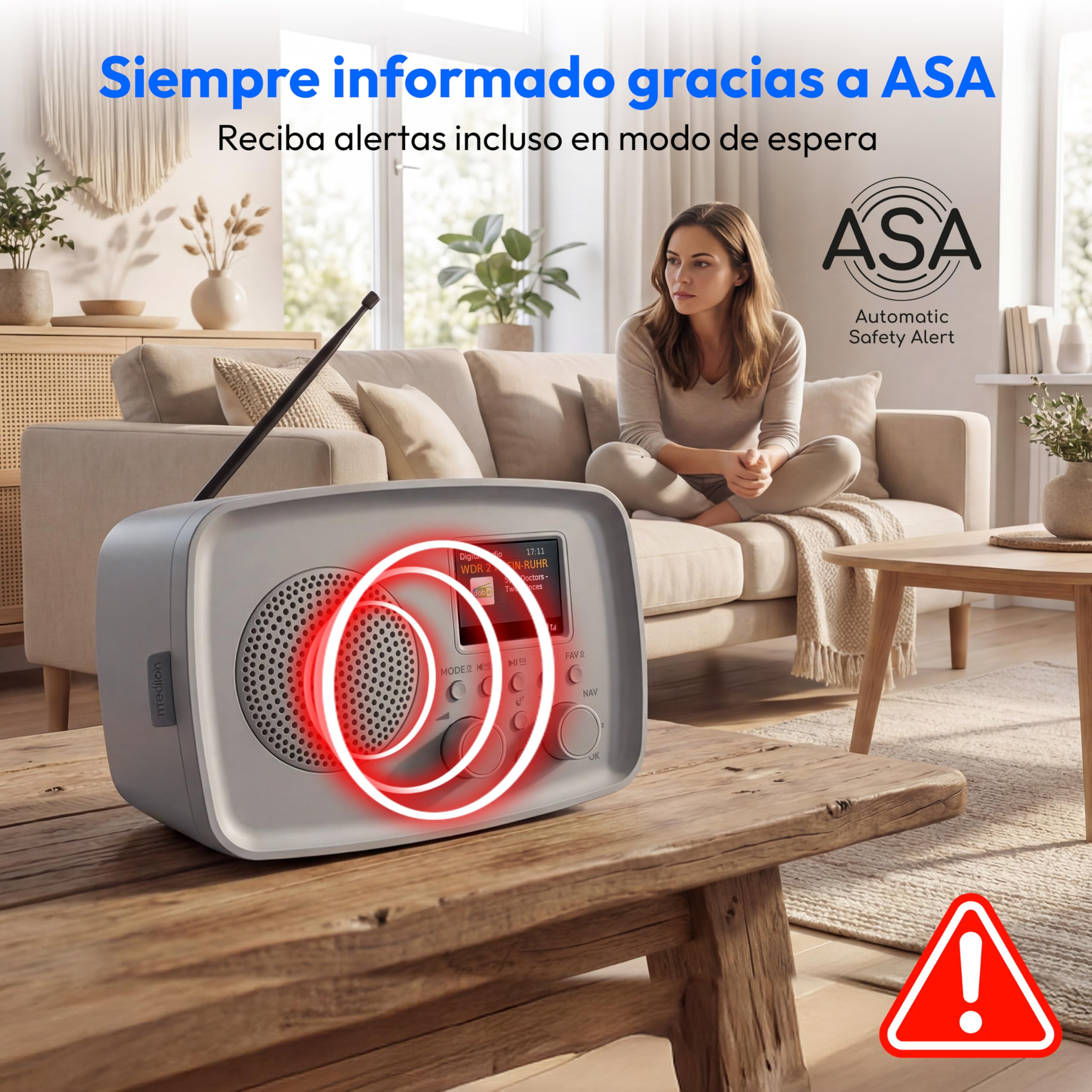 MEDION Radio Dab+ con Bluetooth Dre-1 (Dab Plus, Radio FM, protección contra Goteo, Antena telescópica, Despertador, función Snooze, regulador de Pantalla, Sistema de Alerta ASA), Gris