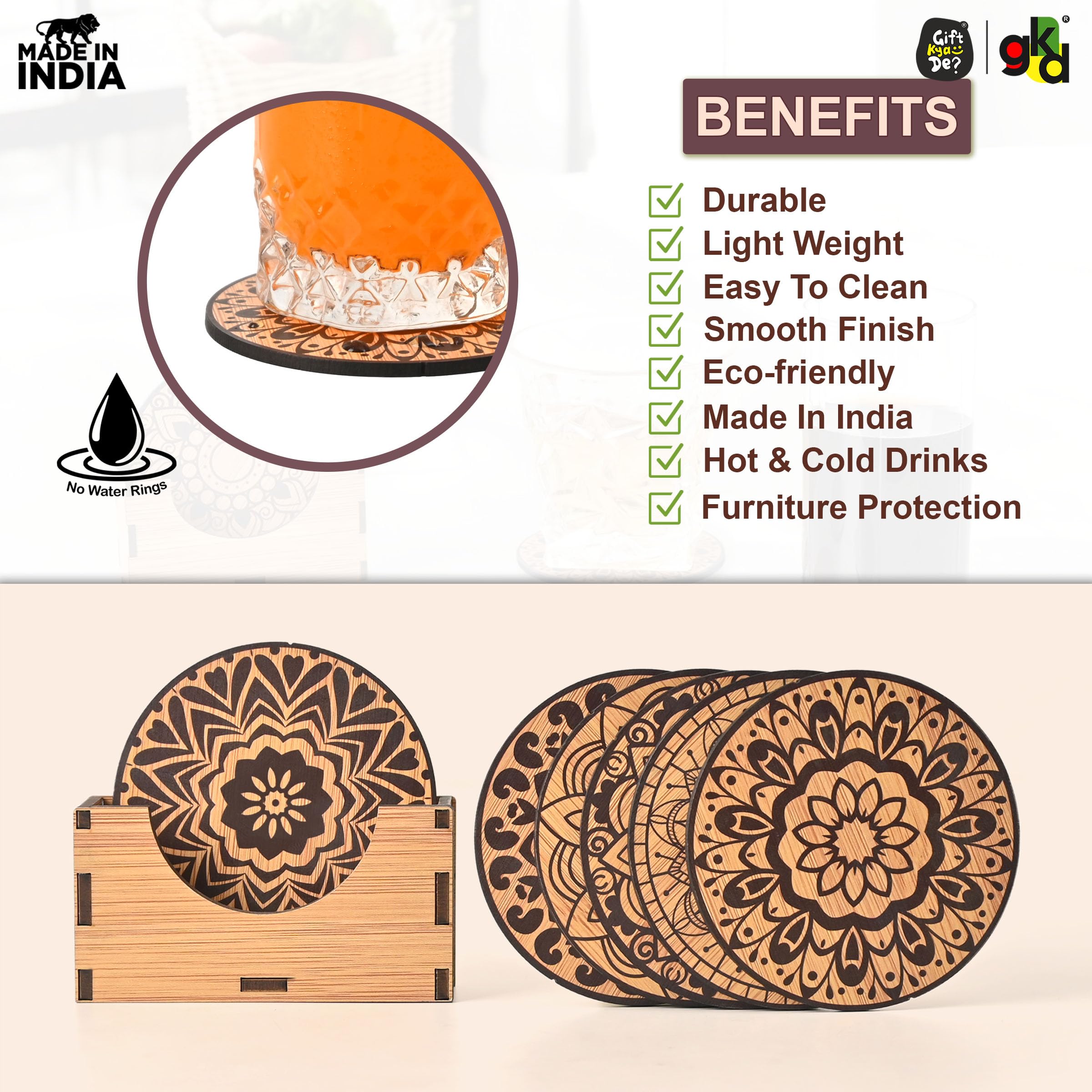 Gift Kya De Gkd Coaster Set Of 6 Mandala Art Wooden Coasters With Proper Coaster Stand Coaster Set Fit For Tea Cups, Coffee Mugs And Glasses (3.5 X 3.5 Inch) (Bamboo Ecofriendly) 4