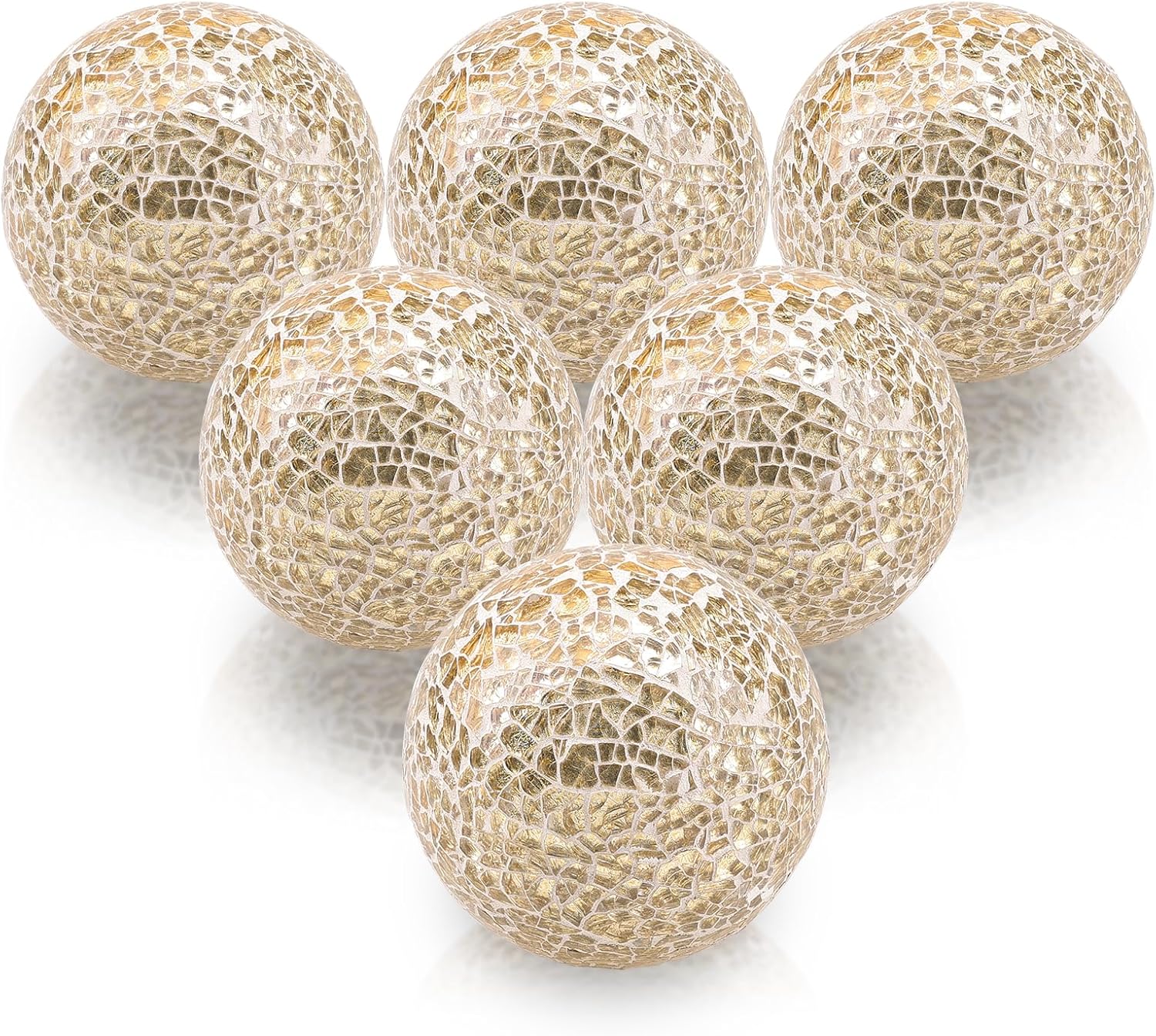 Folmywy 6 PCS Decorative Balls Set Gold Glas 3.35inch Centerpiece Sphere Mirror Glass Mosaic Solid Orbs Crackl for Home Bowls Vases Dining Table Trays Decor Displays