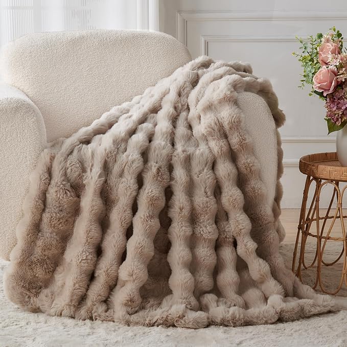 Lotus Karen Faux Fur Throw Blanket Linen - 800 GSM Bubble Rabbit Fluff Blanket for Couch Bed Sofa,Softest Fluffy Fuzzy Cozy Blanket,Thick Furry Plush Shaggy Warm Blankets for Women,50x60 Inches