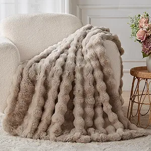Lotus Karen Faux Fur Throw Blanket Linen - 800 GSM Bubble Rabbit Fluff Blanket for Couch Bed Sofa,Softest Fluffy Fuzzy Cozy Blanket,Thick Furry Plush Shaggy Warm Blankets for Women,50x60 Inches