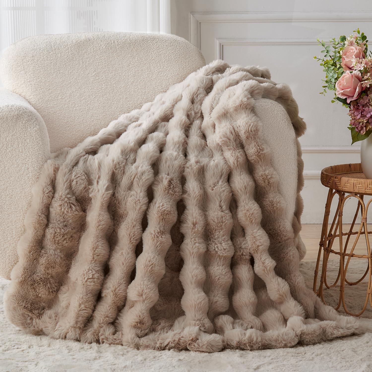 Lotus Karen Faux Fur Throw Blanket (50" x 60") - Linen
