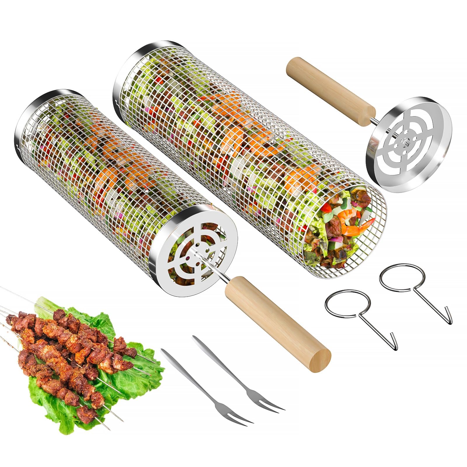 Cestas de parrilla con ruedas para parrilla al aire libre, 2 cestas para parrilla de barbacoa, juego de accesorios para parrilla de barbacoa de acero inoxidable, herramientas de cocina de picnic para 2