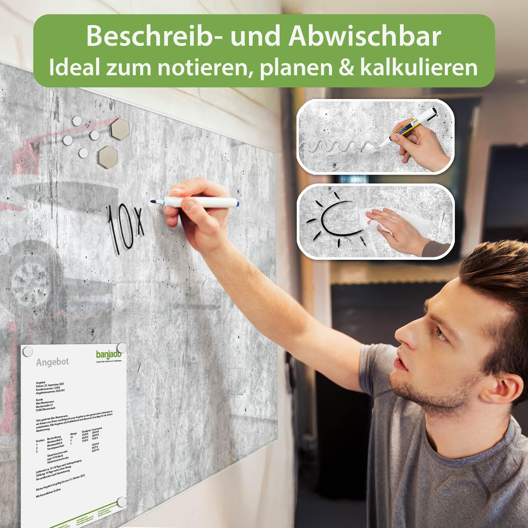 banjado Magnettafel aus Glas in 90x60cm mit Stein- und Betonlook