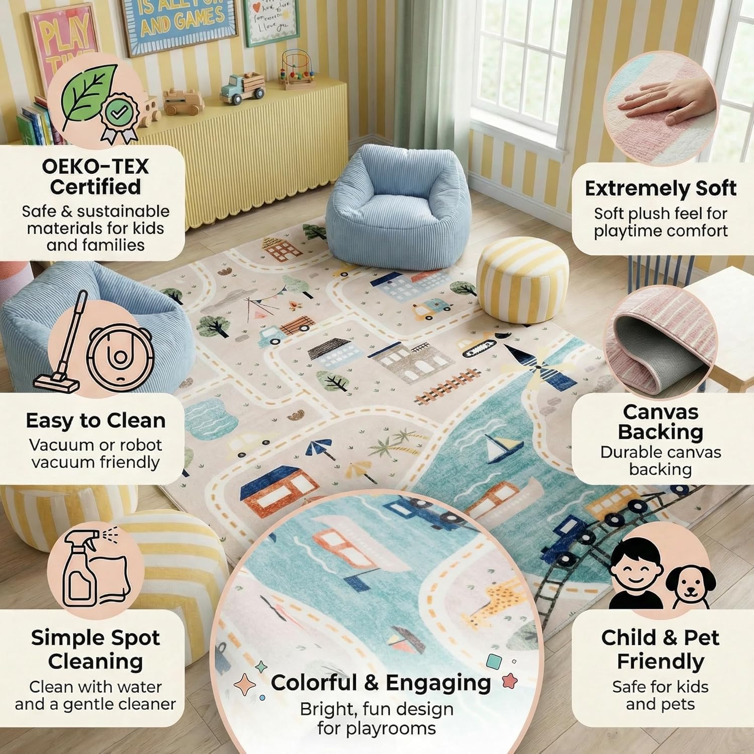 RUG BRANCH Soft Steps Playtime 4'x6' (Exact Size: 3'11" x 5'10") Non-Toxic, Child and Pet Safe, City Road Map - Soft Area Rug, Blue Grey - Boys & Girls in Playroom, Nursery, Bedroom