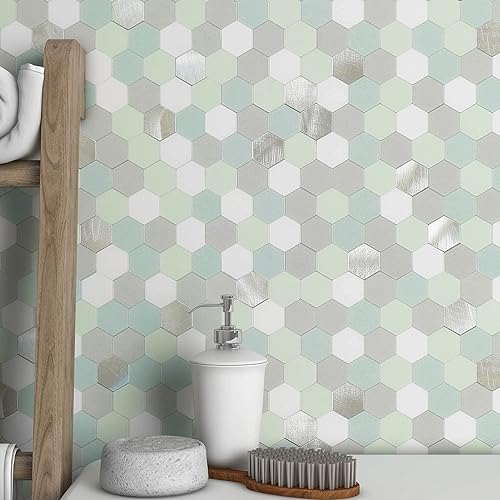 BeNice Azulejos adhesivos para salpicaduras en muro de cocina, azulejos adhesivos para pared de baño, calcomanías hexagonales impermeables (10