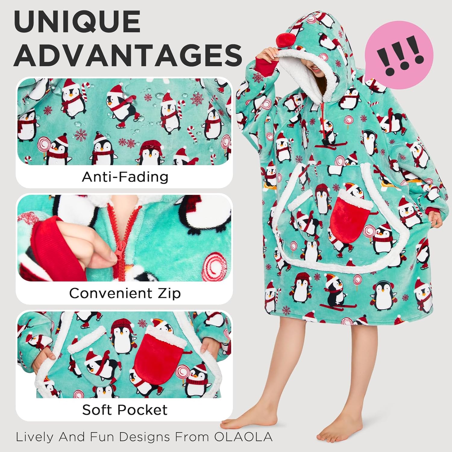 OLAOLA Wearable Blanket Hoodie for Adults, Oversized Fluffy Hooded Blanket Thick Sweatshirt with Pockets - Image 3