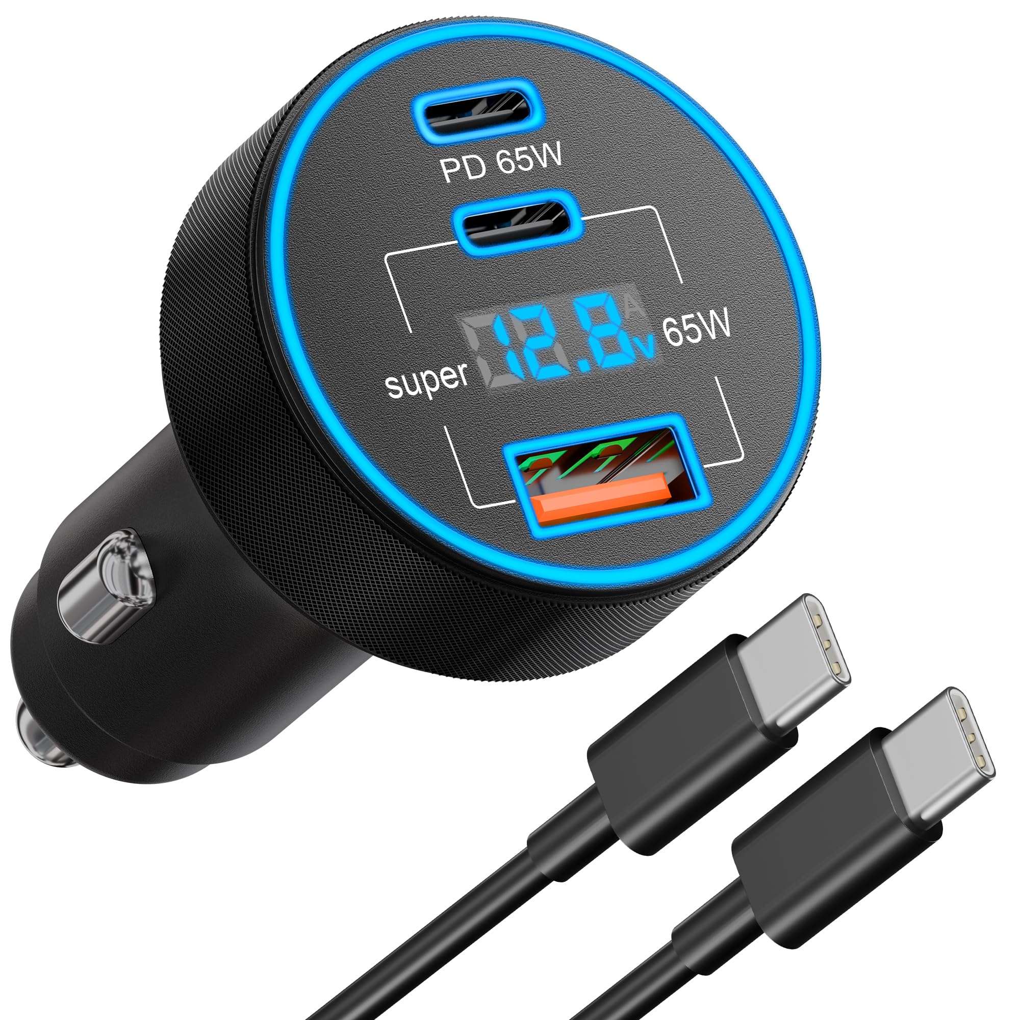 130W Zigarettenanzünder USB-C & USB-A Auto Ladegerät mit LED Voltmeter, 3-Port KFZ Ladegerät mit 1M Typ-C Kabel, 12V Adapter Handy Schnellladegerät Car Charger für iPhone 17 16 15, Samsung, Android