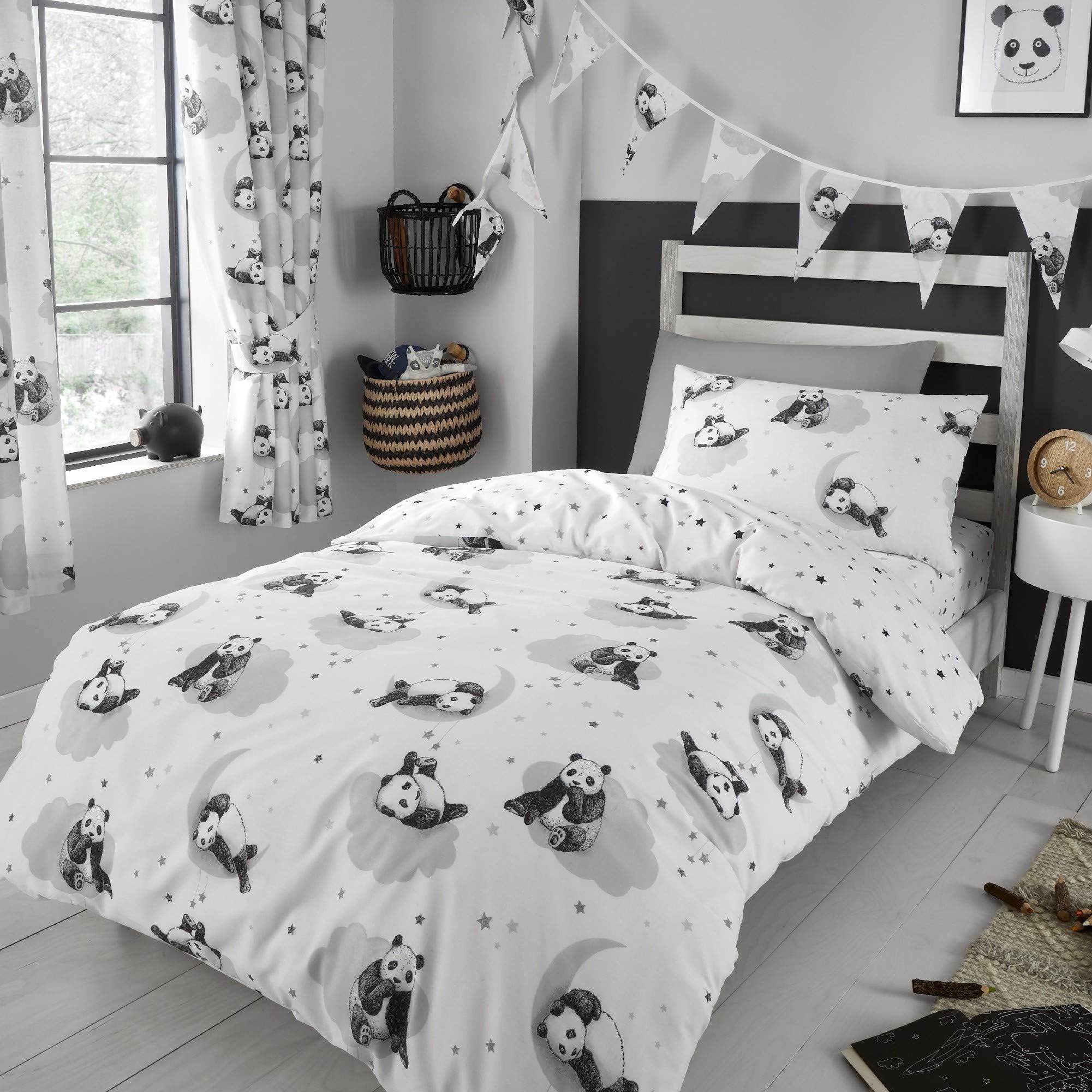 Happy Linen Company Girls Boys Kids Cute Panda White Monochrome Single Reversible Duvet Cover Bedding Set