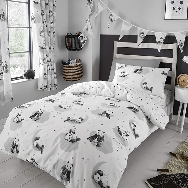 Happy Linen Company Girls Boys Kids Cute Panda White Monochrome Toddler Cot Bed Reversible Duvet Cover Bedding Set