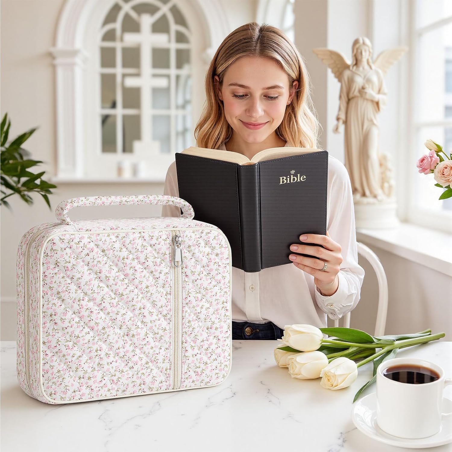 Quilted Bible Cover Case for Women with Bible Study Supplies Journaling Kit Floral Bible Bag Carrying Case with Pastel Highlighters Tabs, Women Christmas Christian Gifts (Pink Floral, L)