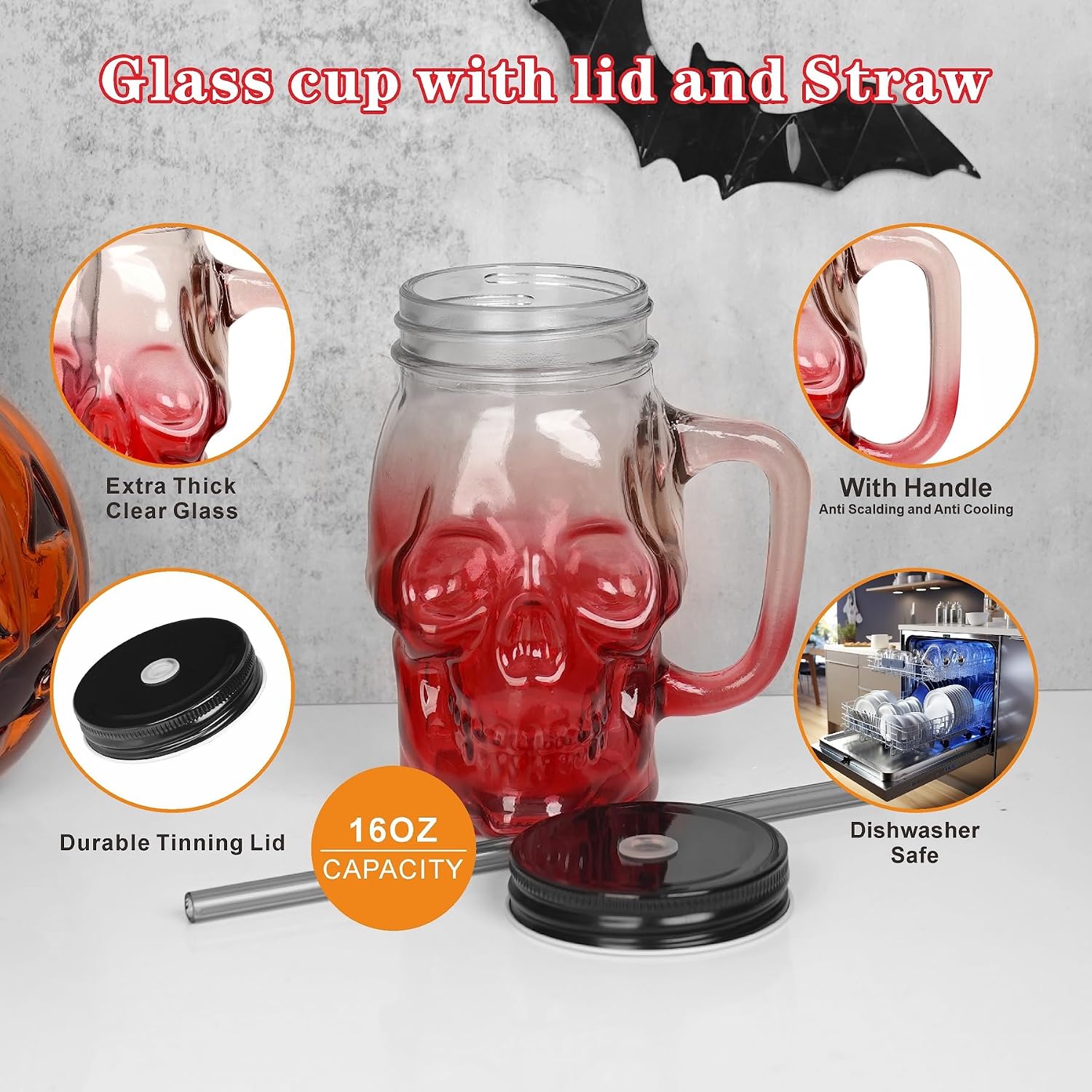 Halloween Cups- Skull Cups- Halloween Mug- 16OZ Halloween Party Cups- Halloween Tumbler with Lid and Straw- Halloween Decorations- Skull Mason Jar Cups- Mason Jar for Halloween- Set of 2