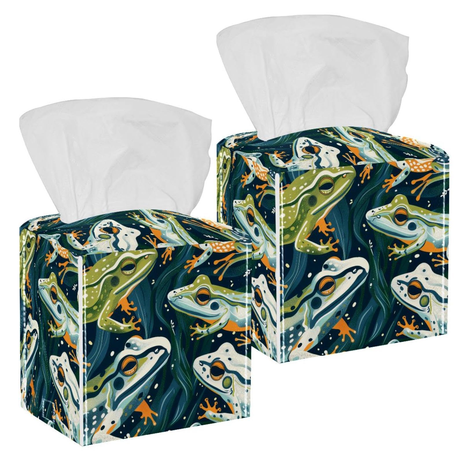 Frog Pattern Tissue Box Cover, 2 Pack PU Leather Square Facial Tissue Dispenser Box holder for Home Office Car