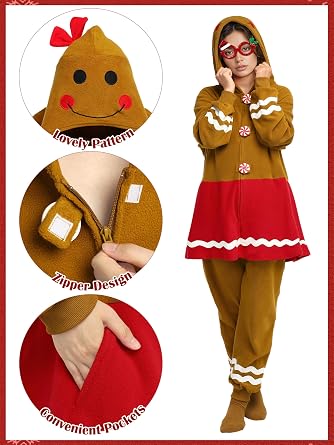 SOMSOC Women Gingerbread Onesie Pajamas Adult Christmas One-Piece Flannel Jumpsuit Gingerbread Hooded Sleepwear Homewear