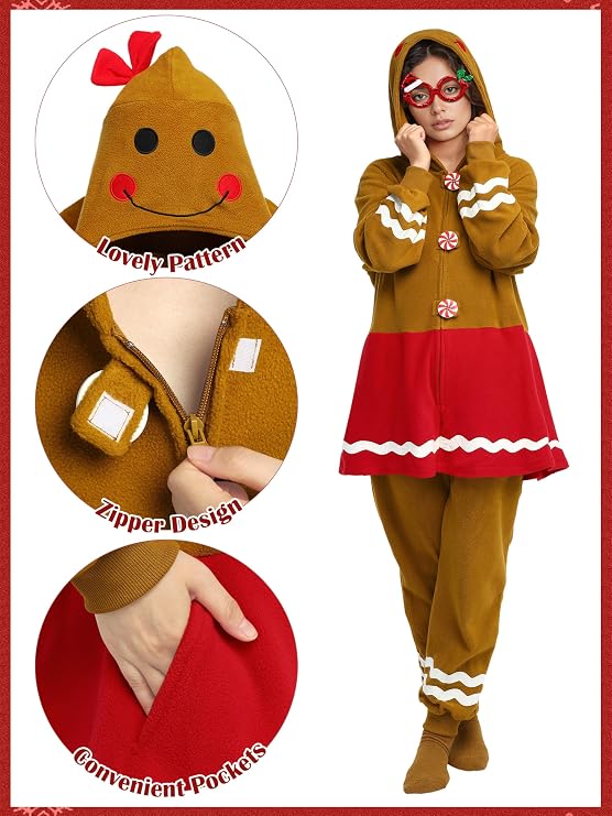 SOMSOC Women Gingerbread Onesie Pajamas Adult Christmas One-Piece Flannel Jumpsuit Gingerbread Hooded Sleepwear Homewear