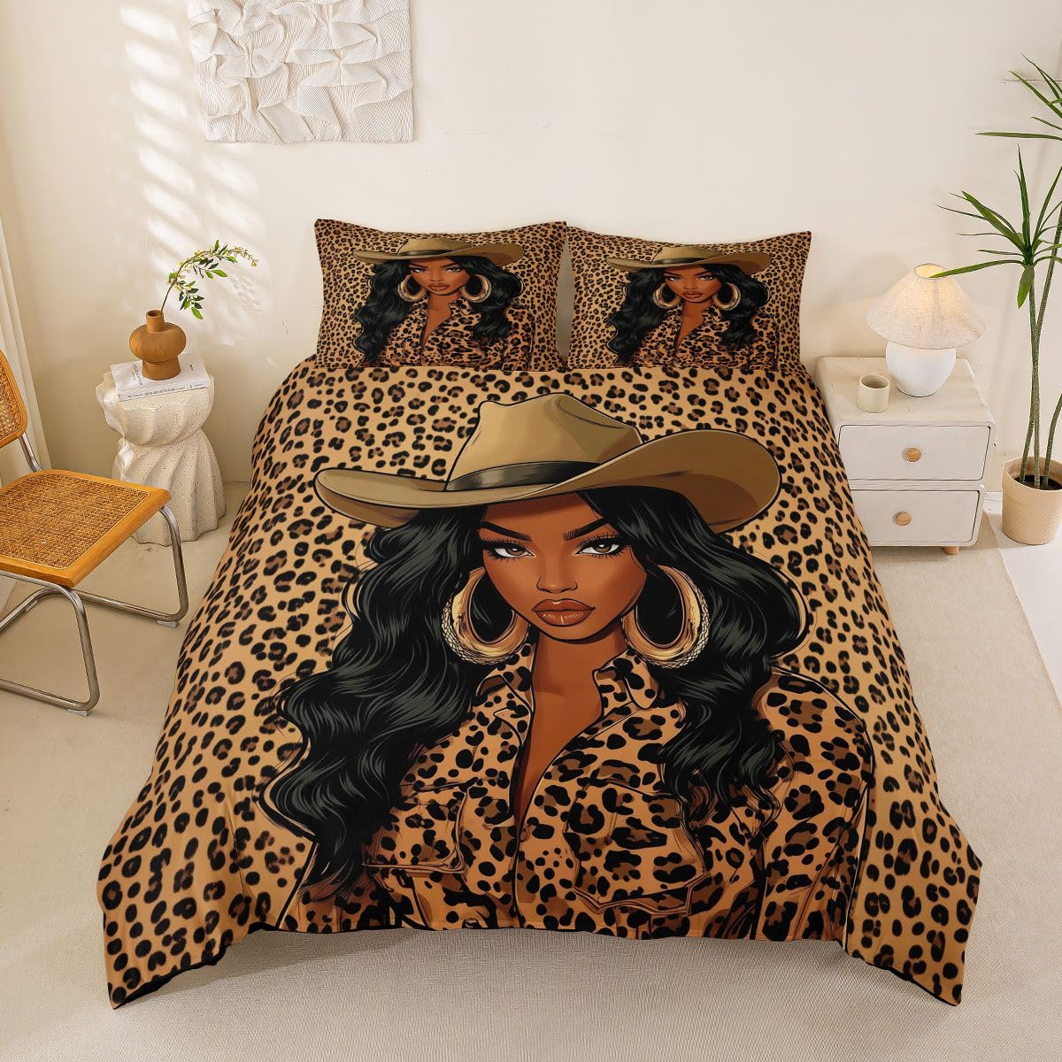 Homemissing Leopard Cowgirl Print Duvet Cover King Size Boys Girls Fashion Western Bedding Set Breathable Soft Cowboy Hat Comforter Cover 3Pcs Bedroom Decor