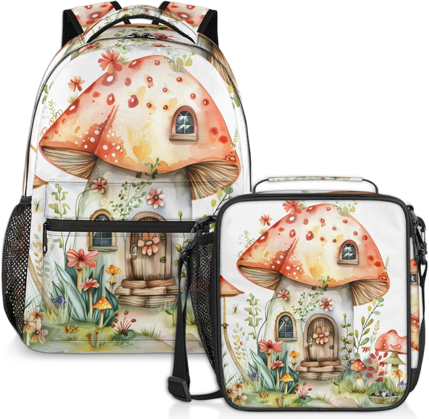 Cartoon Mushroom House Backpack Set, Backpack with Lunch Box Gifts Set for Women Men, Multifunction 2Pcs Laptop Travel Picnic Camping Backpack with Lunch Bag