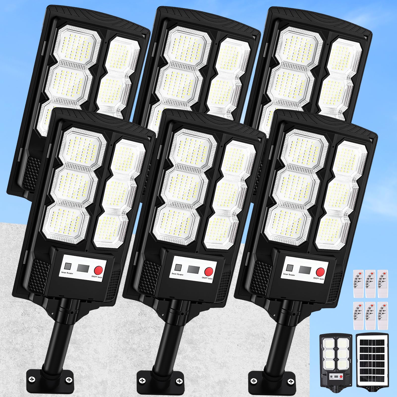 Solar Street Lights Outdoor 6-Pack, 11” LED Solar Flood Lights with Motion Sensor, Waterproof Dusk to Dawn Outdoor Lighting, Solar-Powered Light for Outside, Security Light for Yard Driveway Garage