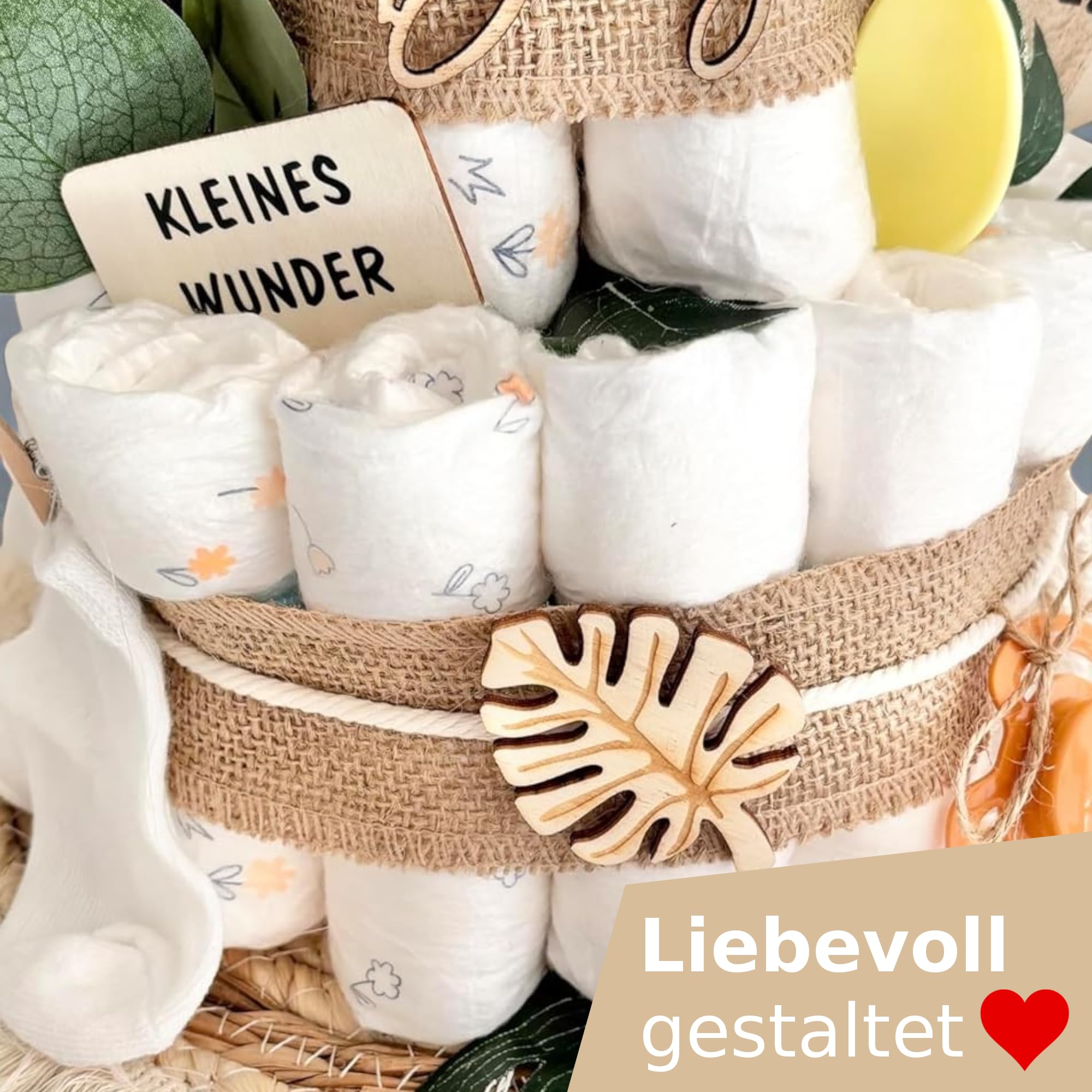 Windeltorte mit Giraffe, mit Babyaccessoires und Dekoration, Name Personalisierbar, Neutral für Jungen & Mädchen, Its a Boy/Girl, Babyshower Torte Gender-Reveal Baby-Party Geschenk Geburt Deko