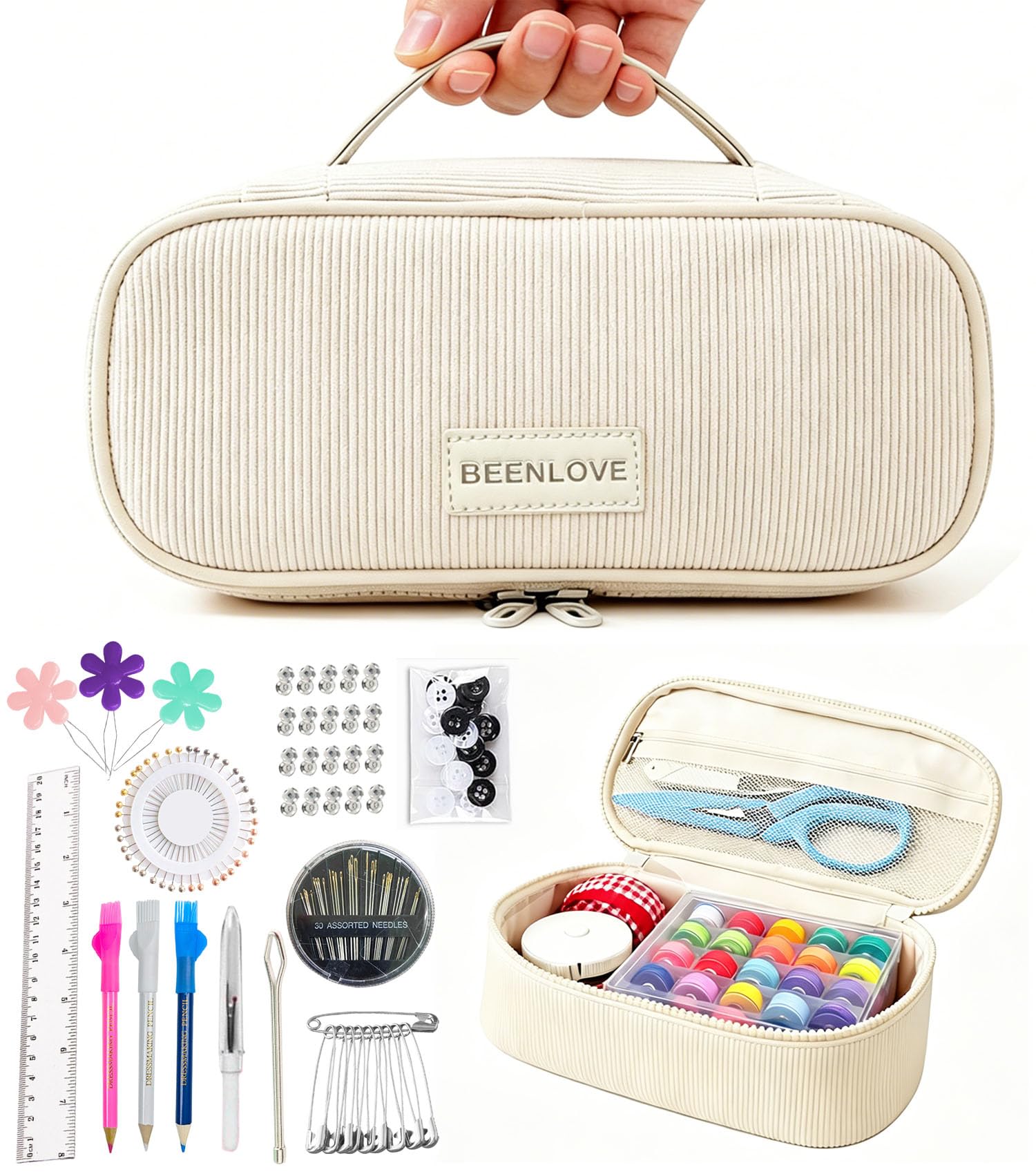 Xypower Sewing Kit with Storage Bag, Complete Sewing Accessories Set for Hand Sewing, Portable Sewing Tools for Home and Travel Off White