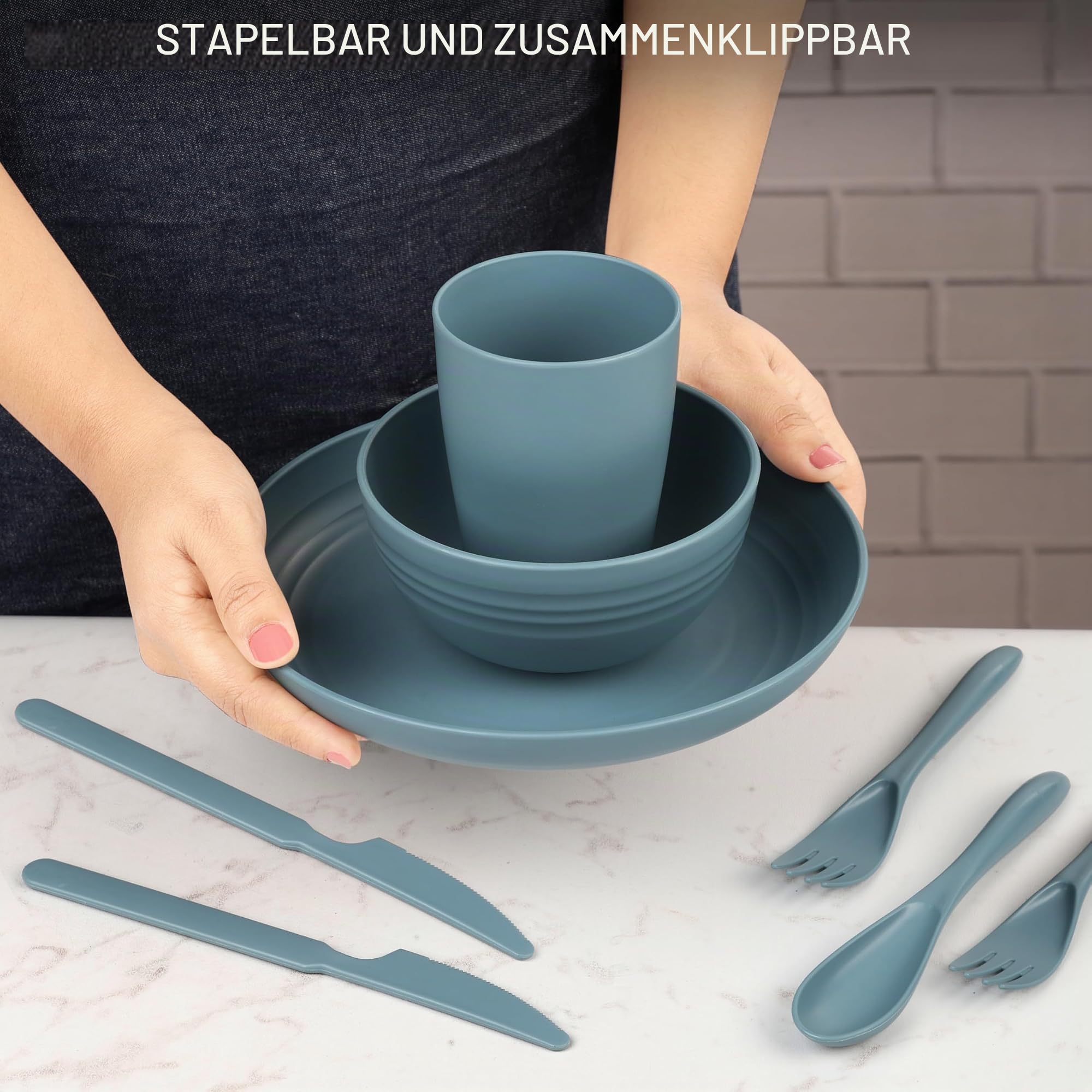 Belle Vous 4-tlg. Camping Geschirr aus Kunststoff - Campinggeschirr Set enthält Schüssel Teller Becher Messer Gabel Löffel - Camping-Geschirr Set - Picknick Geschirr