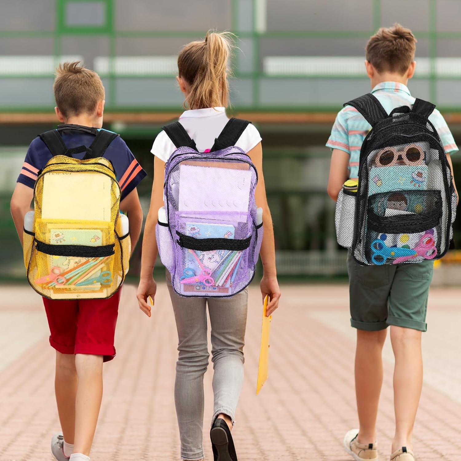 Silkfly 12 Pcs 17 Inch Mesh Backpack Bulk for School Kids Clear Backpack See Through Heavy Duty Bookbags with Adjustable Straps for Boys Girls Student Adult, Sports Travel Donations Supplies