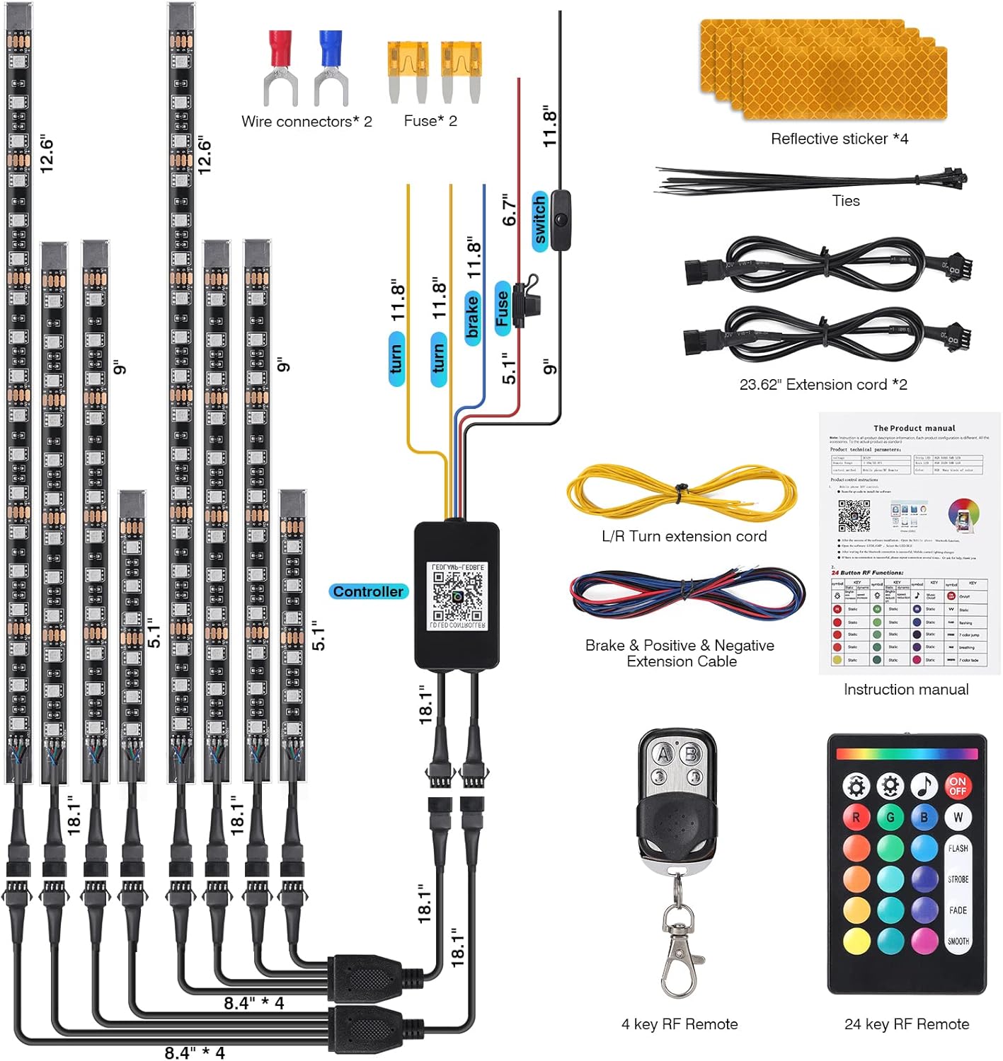 8Pcs Motorcycle RGB LED Strip Lights Kit and 4 Pods Segmented RGB LED Rock Lights Kit, Waterproof Multicolor Motorcycle Neon Strip Kit and Underglow Lights for ATV Golf Cart Truck UTV RZR SUV 12-18V