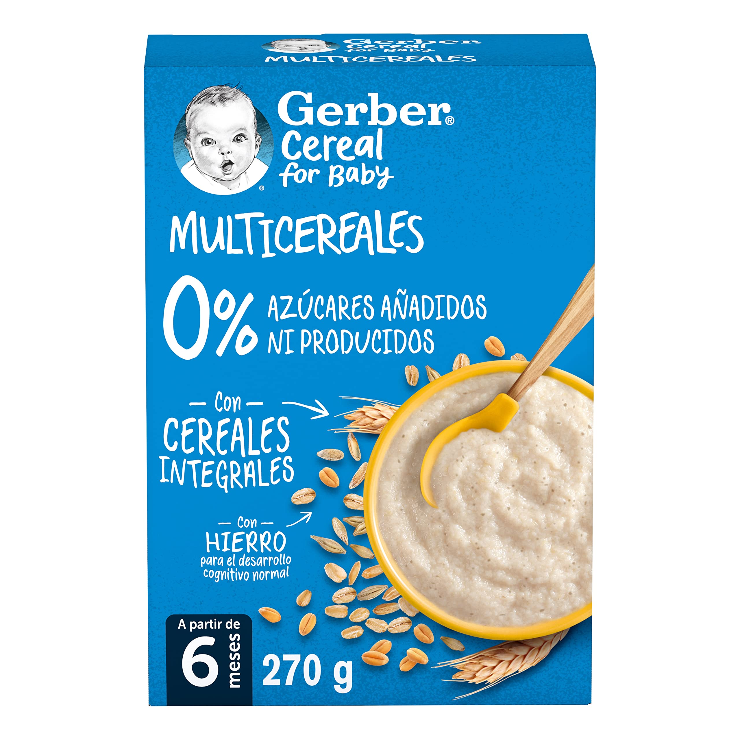 GERBER Multicereales 0% 0%, Papilla de Cereales para Bebés, Paquete 6x270g, a partir de 6 meses