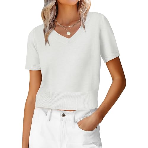 ANRABESS Womens Short Sleeve Sweaters Cropped V Neck Business Casual Lightweight Sweater Tops Summer Spring Clothes 2026